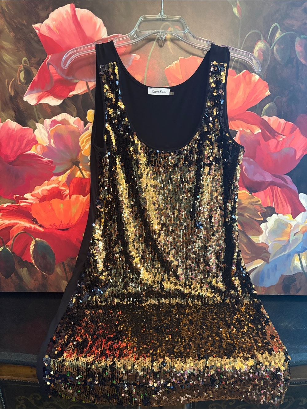 NWOT Calvin Klein Black and Gold Sequin Mini Dress